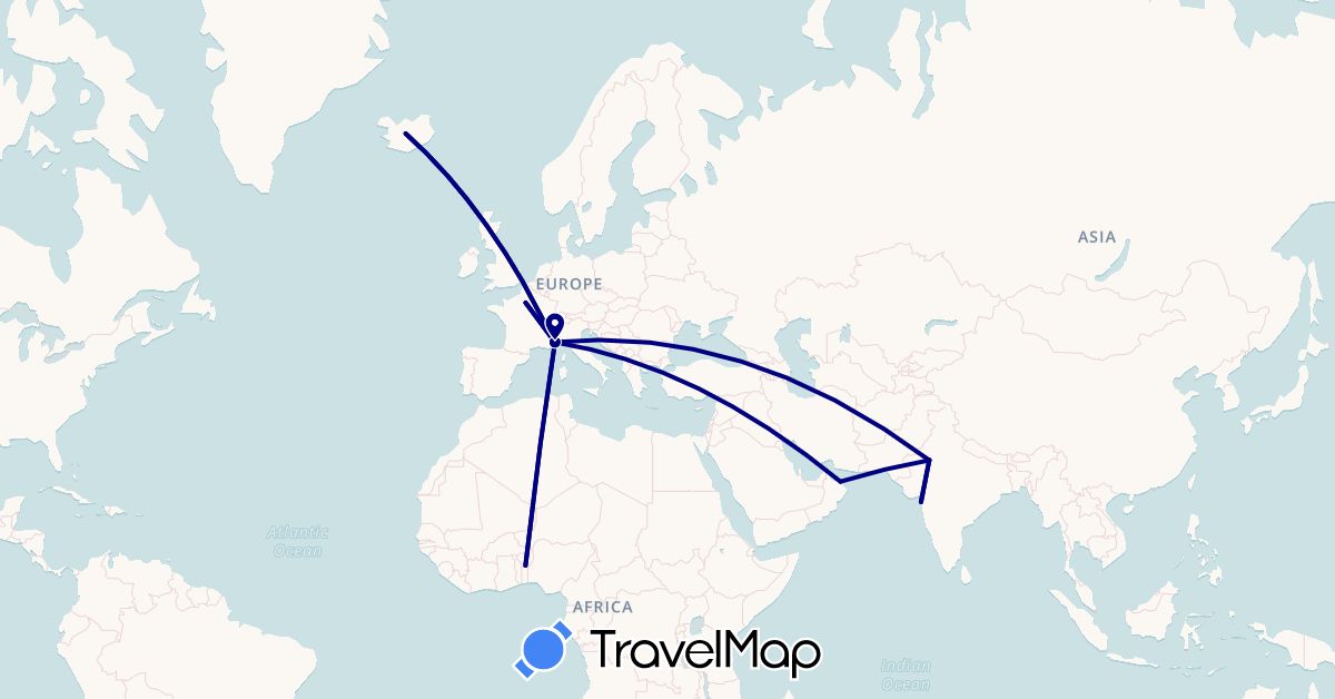 TravelMap itinerary: driving in Benin, France, India, Iceland, Oman (Africa, Asia, Europe)