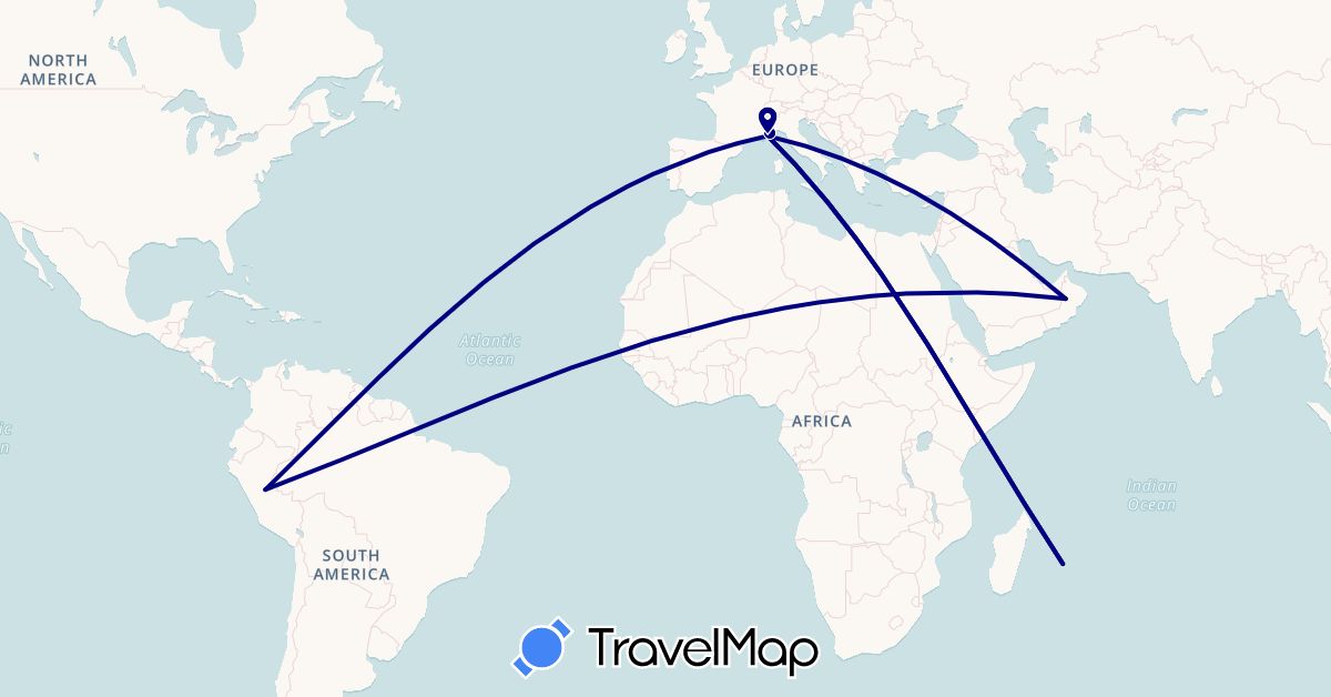 TravelMap itinerary: driving in France, Oman, Peru, Réunion (Africa, Asia, Europe, South America)